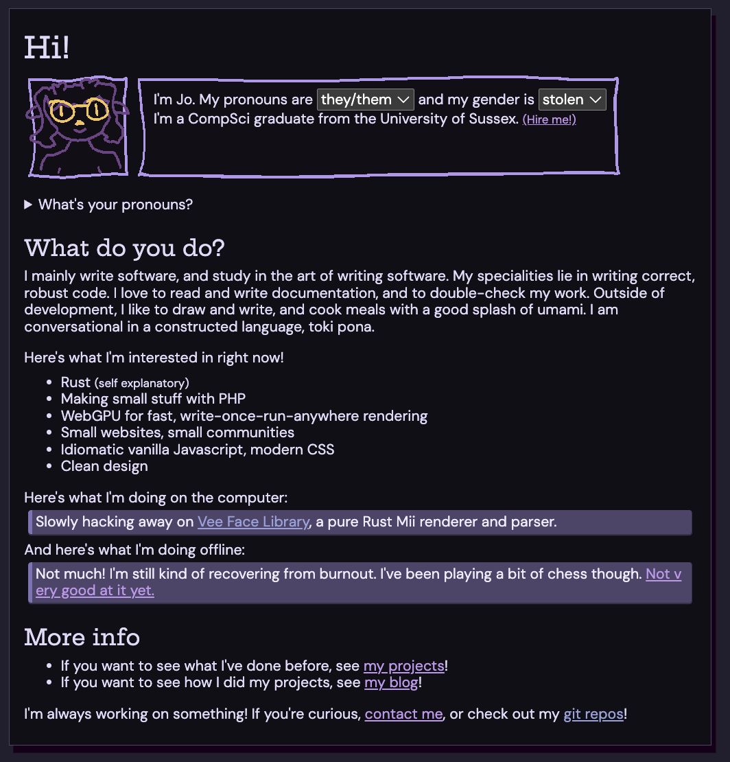 Screenshot of my website's home page. The 'page' feels a lot more grounded, with borders and a shadow.