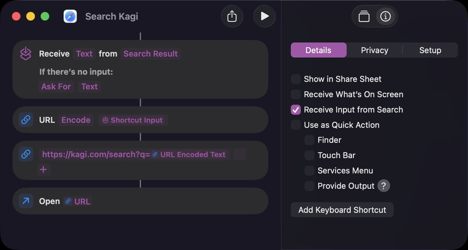 A screenshot of the Shortcuts app showing a basic procedure to search a website from an input.