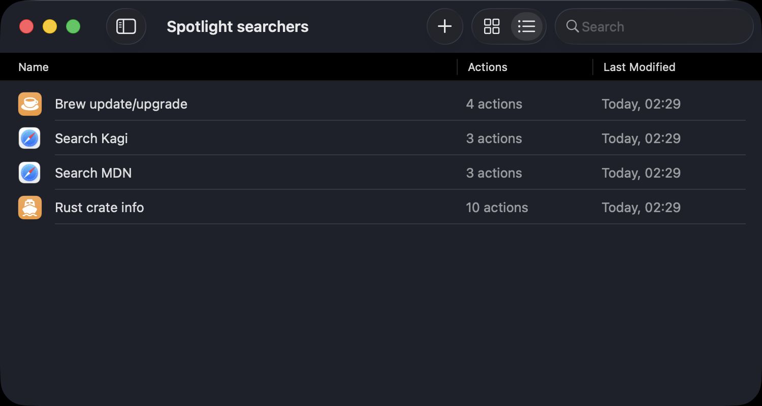 A screenshot of the Shortcuts app with all the Spotlight shortcuts.
